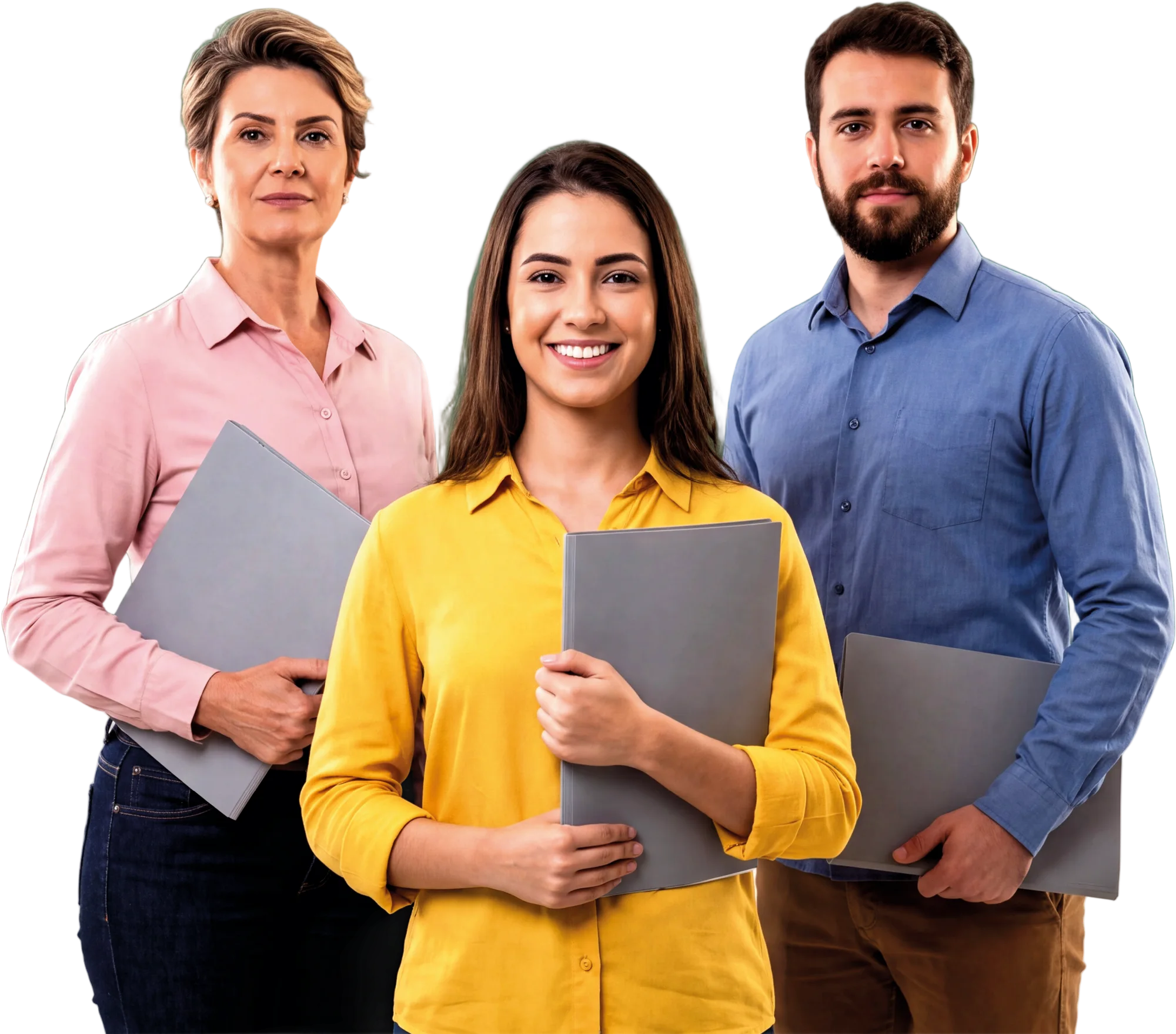 Três professores sorrindo em frente ao quadro